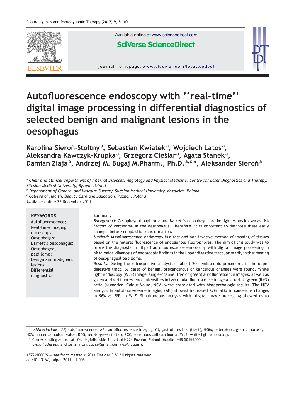 Autofluorescence endoscopy with “real-time” digital image processing in differential diagnostics of selected benign and malignant lesions in the oesophagus