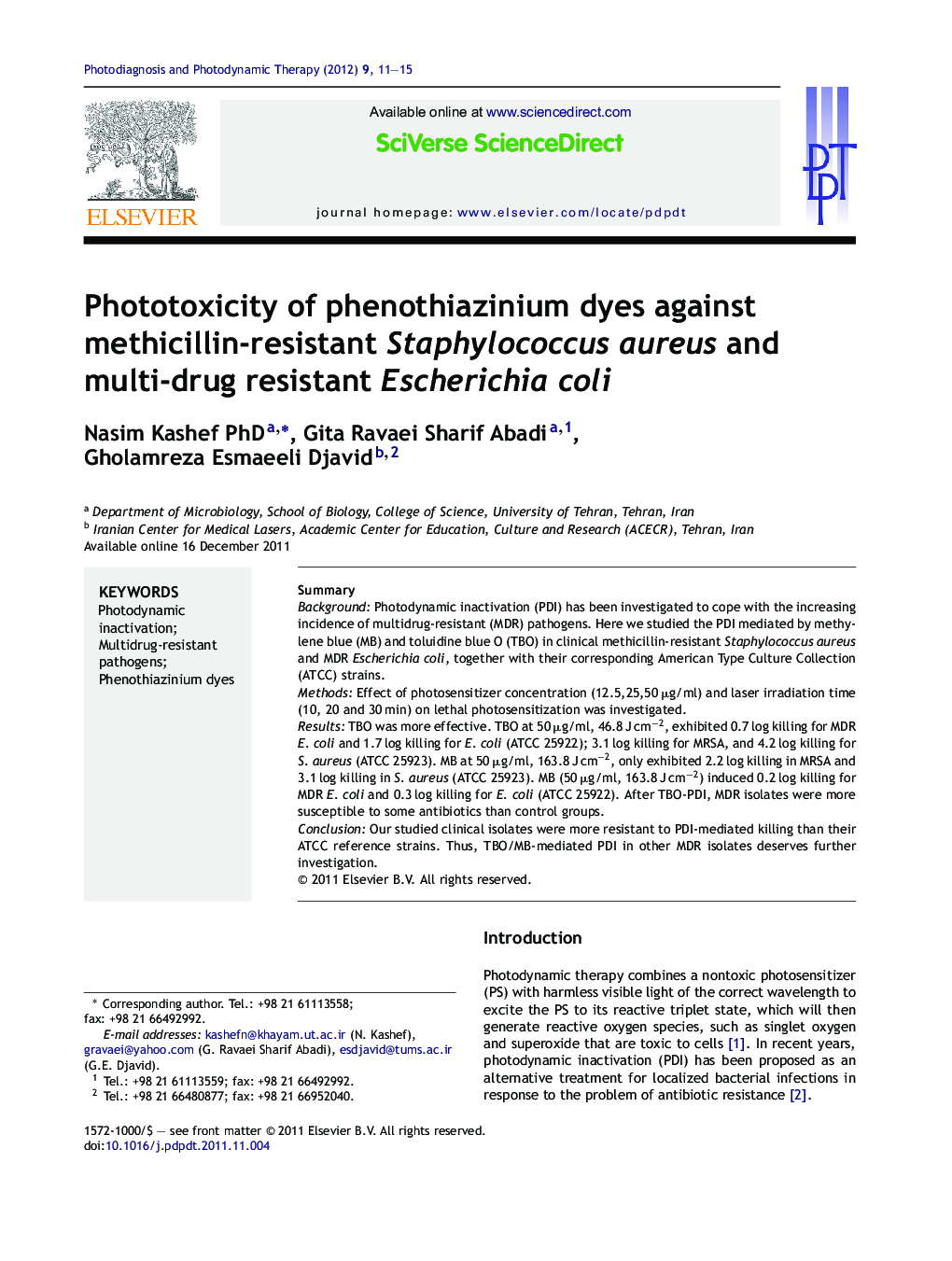 Phototoxicity of phenothiazinium dyes against methicillin-resistant Staphylococcus aureus and multi-drug resistant Escherichia coli