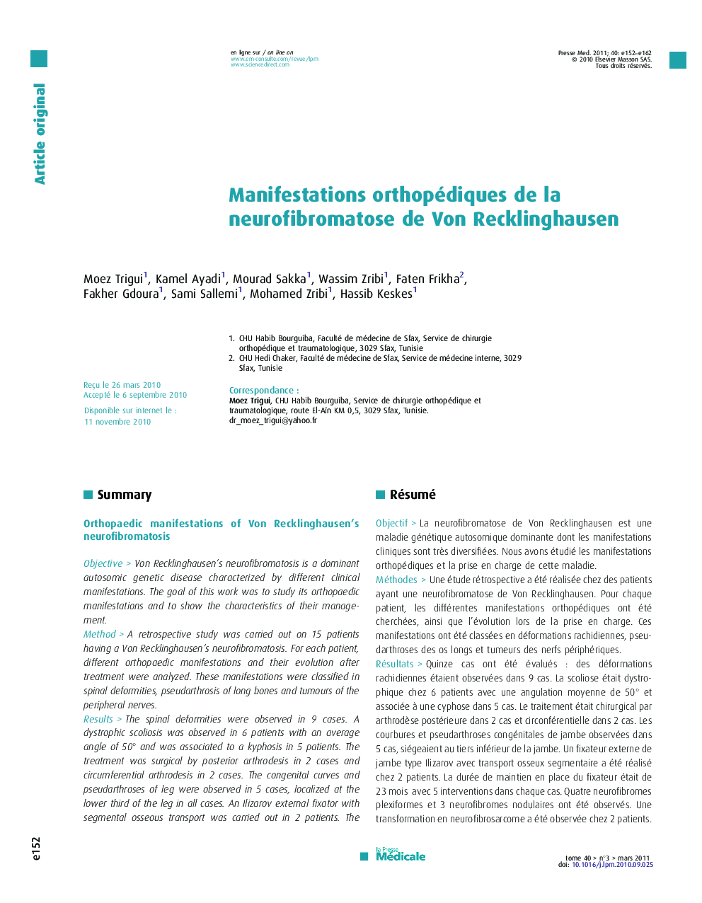 Manifestations orthopédiques de la neurofibromatose de Von Recklinghausen