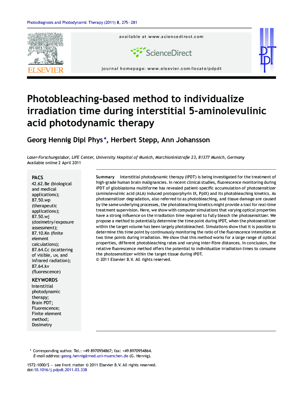 Photobleaching-based method to individualize irradiation time during interstitial 5-aminolevulinic acid photodynamic therapy