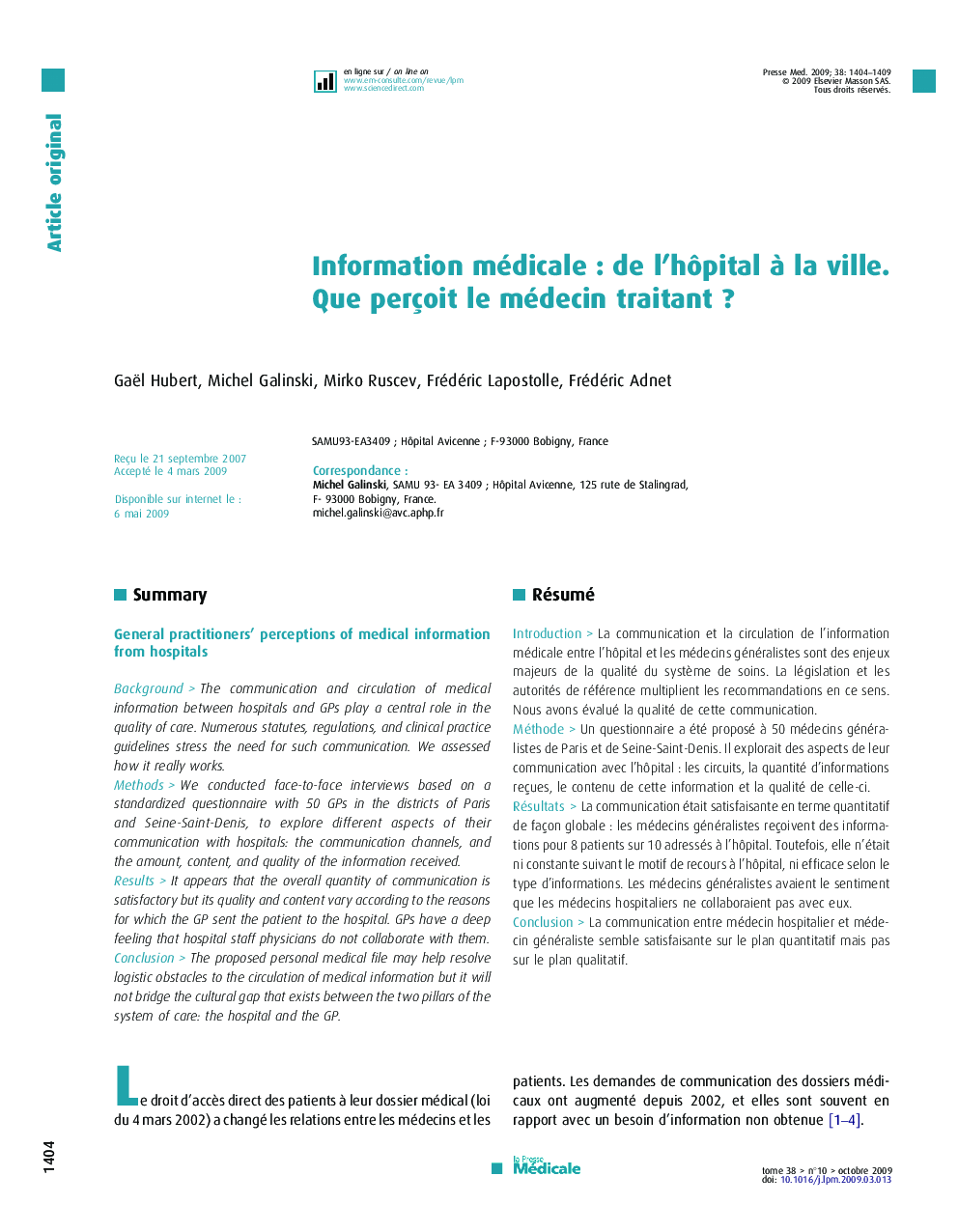 Information médicale : de l’hôpital à la ville. Que perçoit le médecin traitant ?