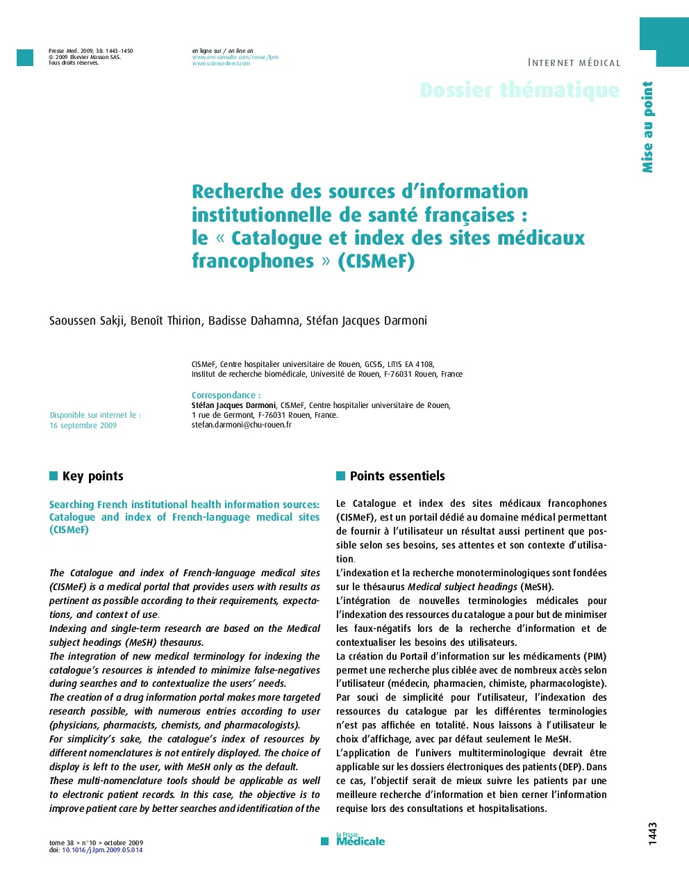 Recherche des sources d’information institutionnelle de santé françaises : le « Catalogue et index des sites médicaux francophones » (CISMeF)