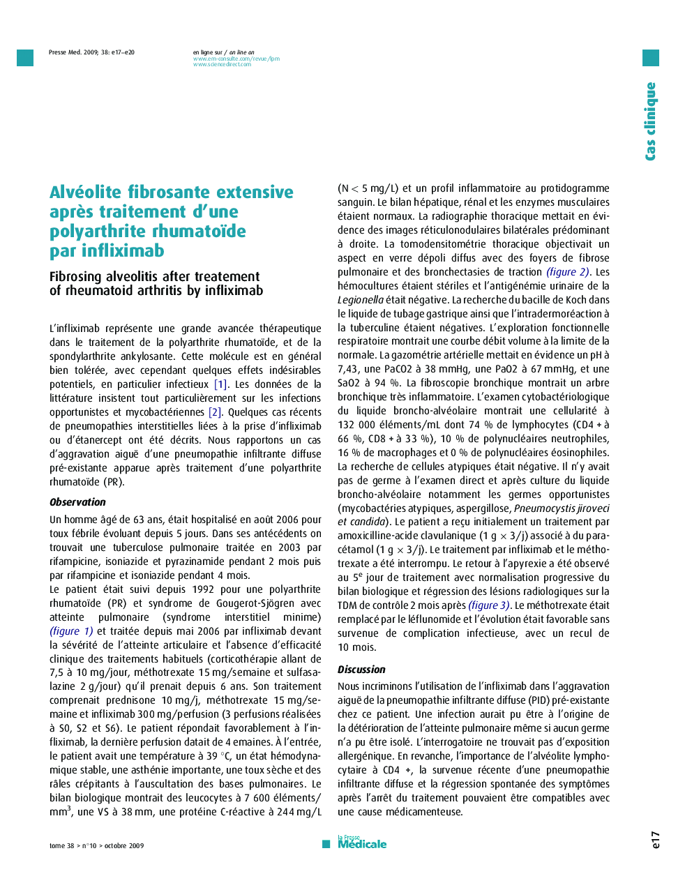 Alvéolite fibrosante extensive aprÃ¨s traitement d'une polyarthrite rhumatoïde par infliximab