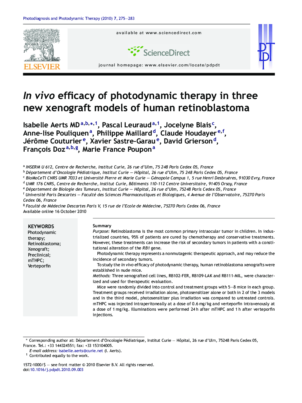 In vivo efficacy of photodynamic therapy in three new xenograft models of human retinoblastoma