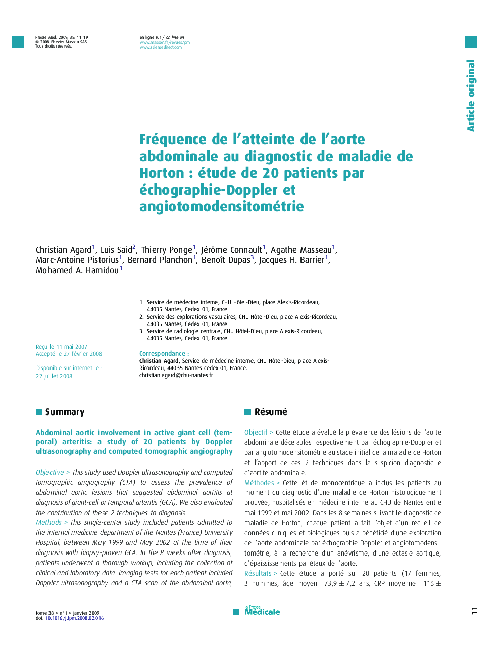 Fréquence de l’atteinte de l’aorte abdominale au diagnostic de maladie de Horton : étude de 20 patients par échographie-Doppler et angiotomodensitométrie