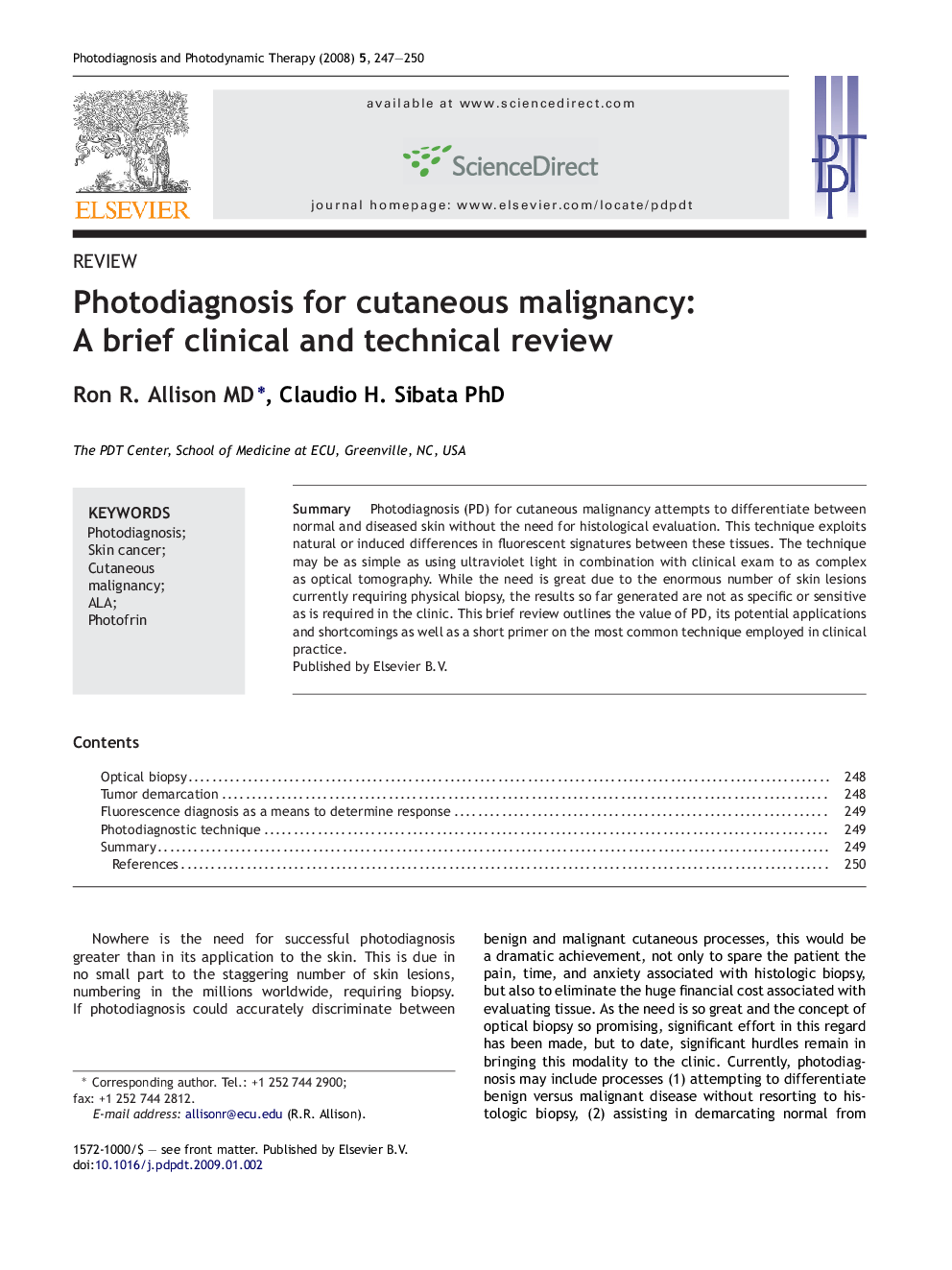 Photodiagnosis for cutaneous malignancy: A brief clinical and technical review