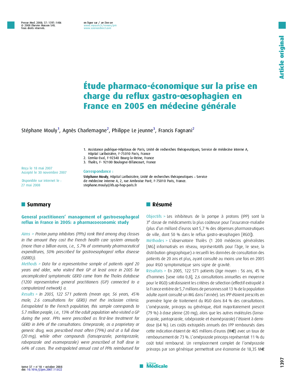 Étude pharmaco-économique sur la prise en charge du reflux gastro-œsophagien en France en 2005 en médecine générale
