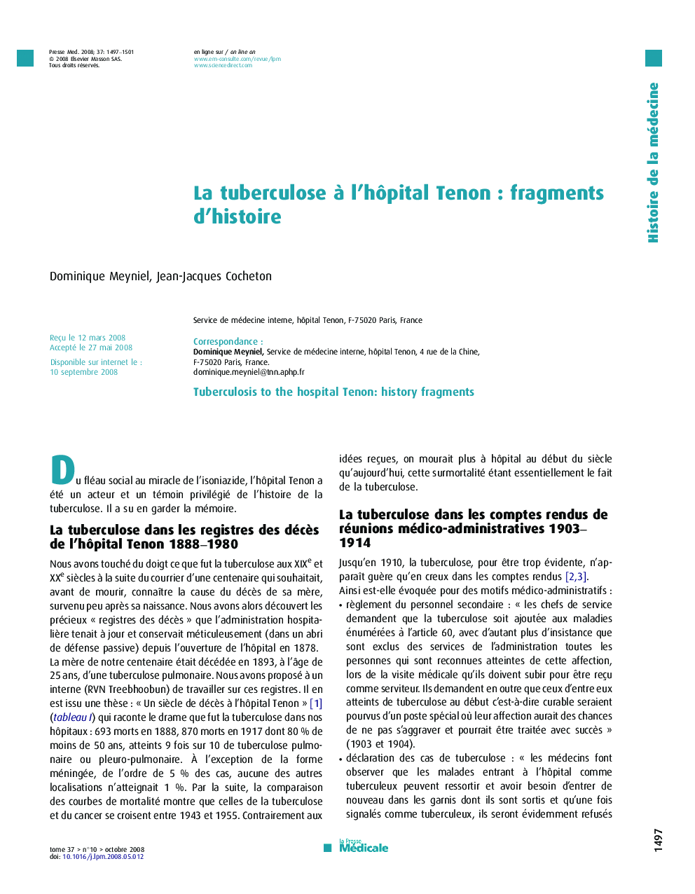 La tuberculose Ã  l'hÃ´pital TenonÂ : fragments d'histoire