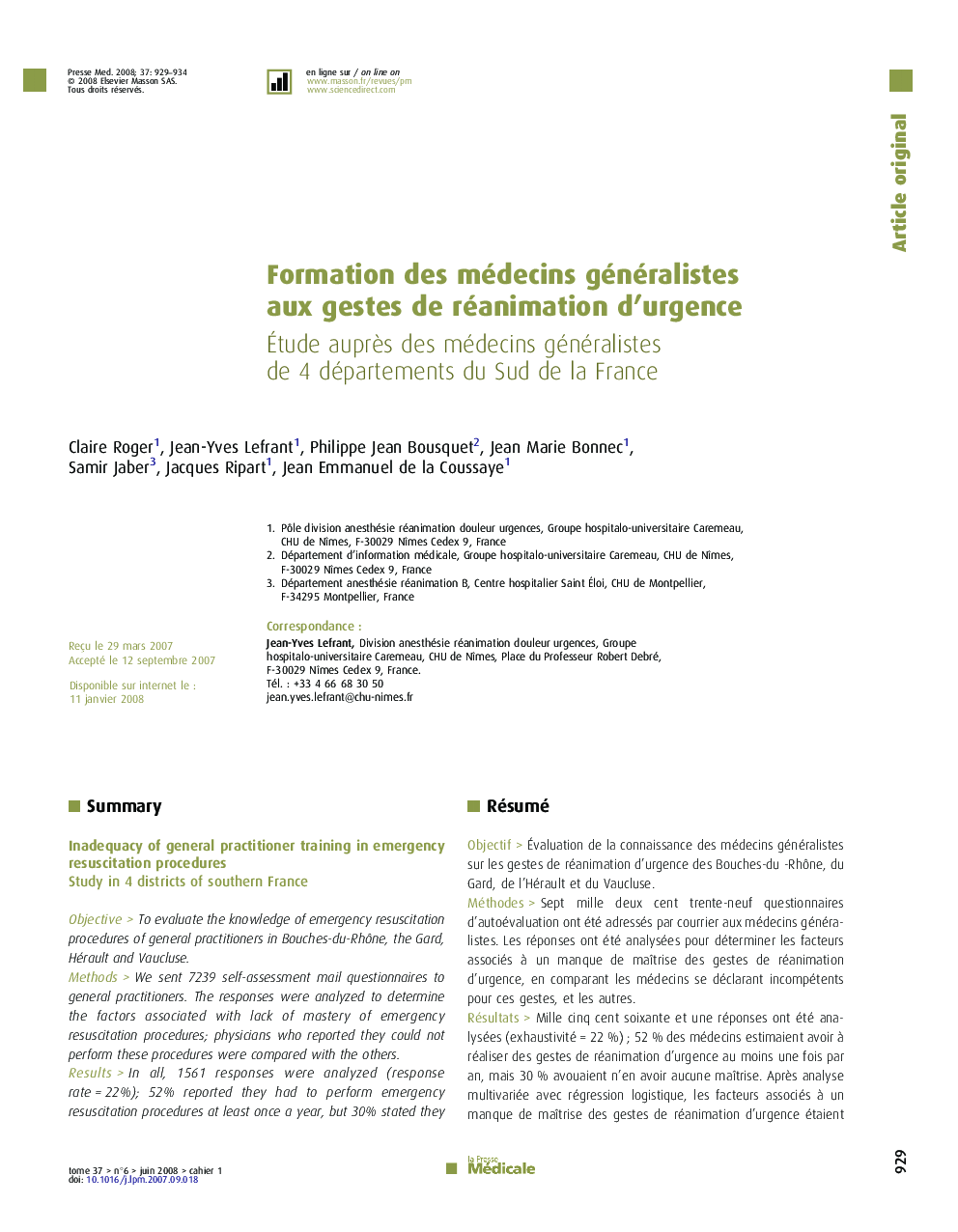 Formation des médecins généralistes aux gestes de réanimation d’urgence: Étude auprès des médecins généralistes de 4 départements du Sud de la France