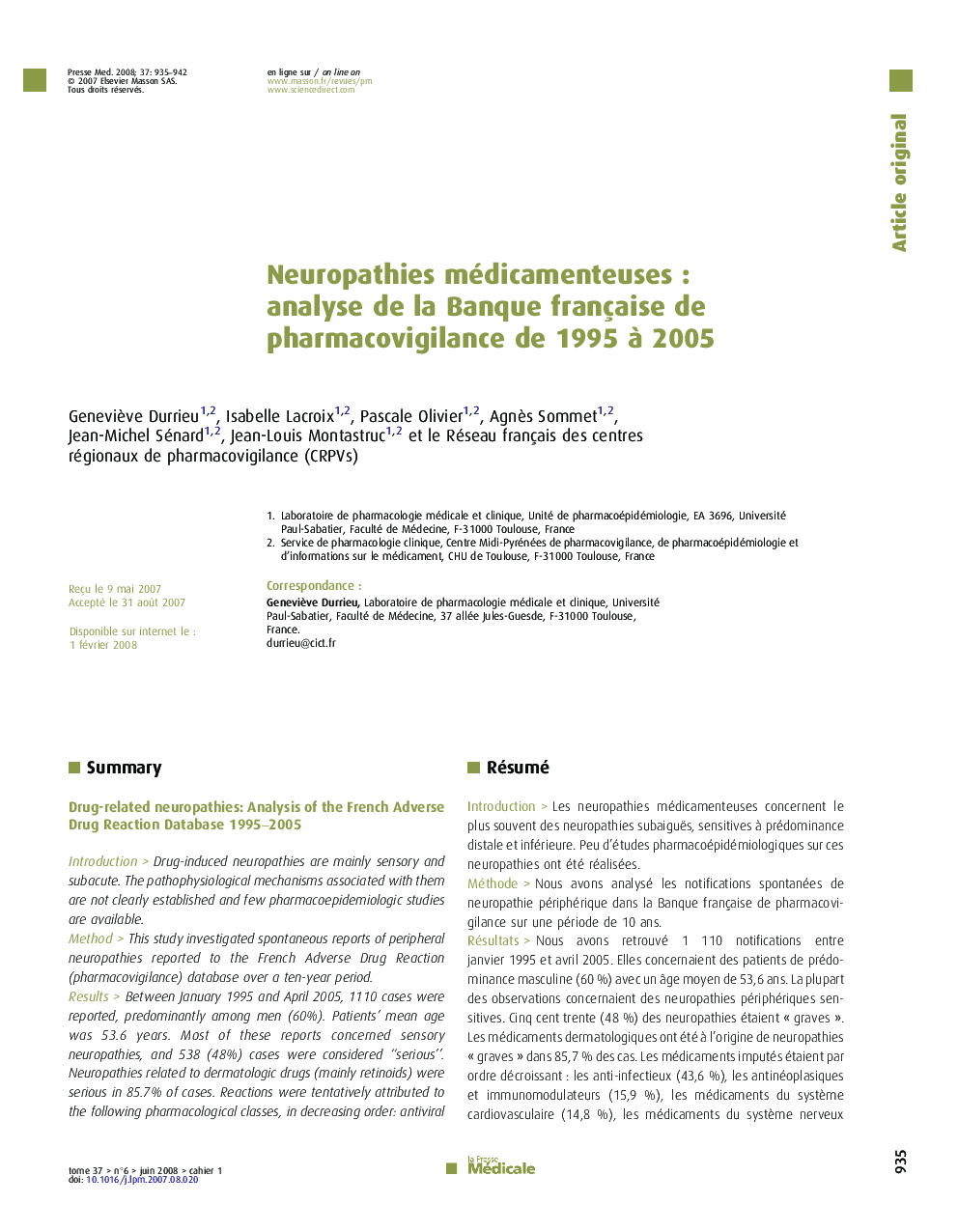 Neuropathies médicamenteuses : analyse de la Banque française de pharmacovigilance de 1995 à 2005