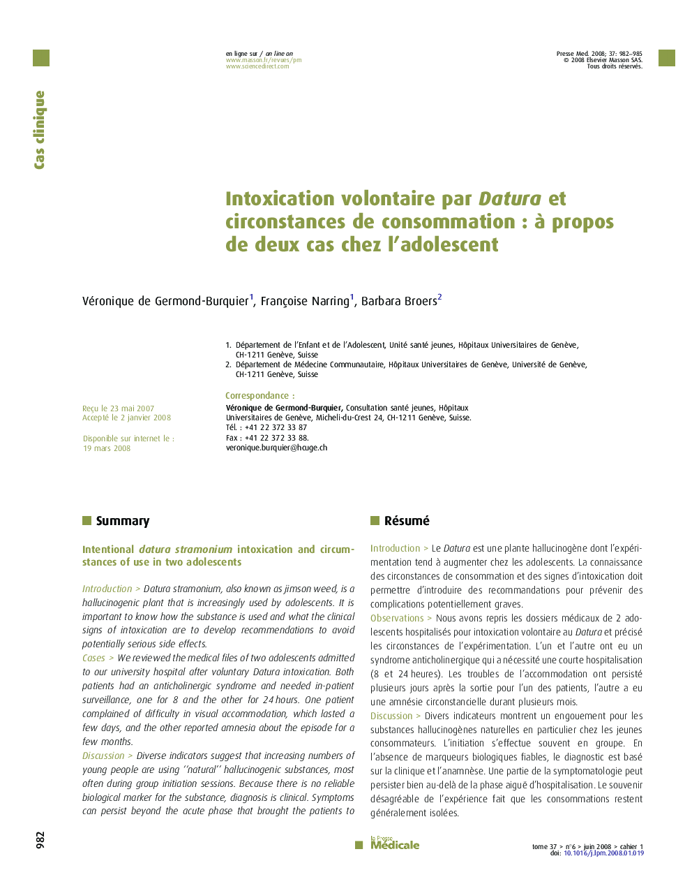عکس صفحه اول مقاله: Intoxication volontaire par Datura et circonstances de consommation : à propos de deux cas chez l’adolescent Intoxication volontaire par Datura et circonstances de consommation : à propos de deux cas chez l’adolescent