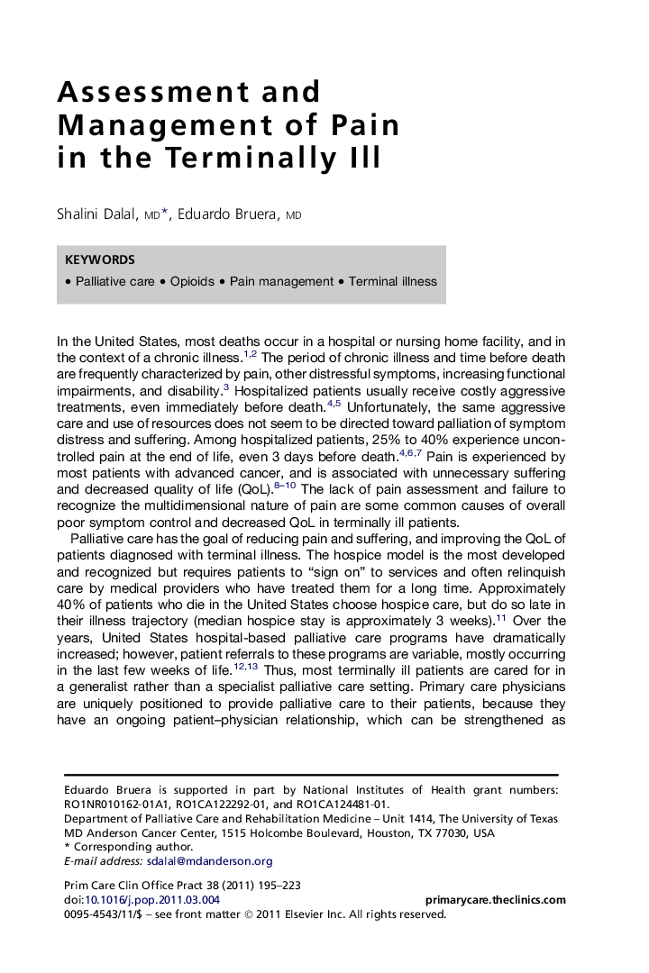 Assessment and Management of Pain in the Terminally Ill