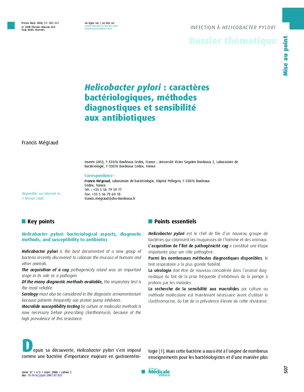 Helicobacter pylori : caractères bactériologiques, méthodes diagnostiques et sensibilité aux antibiotiques