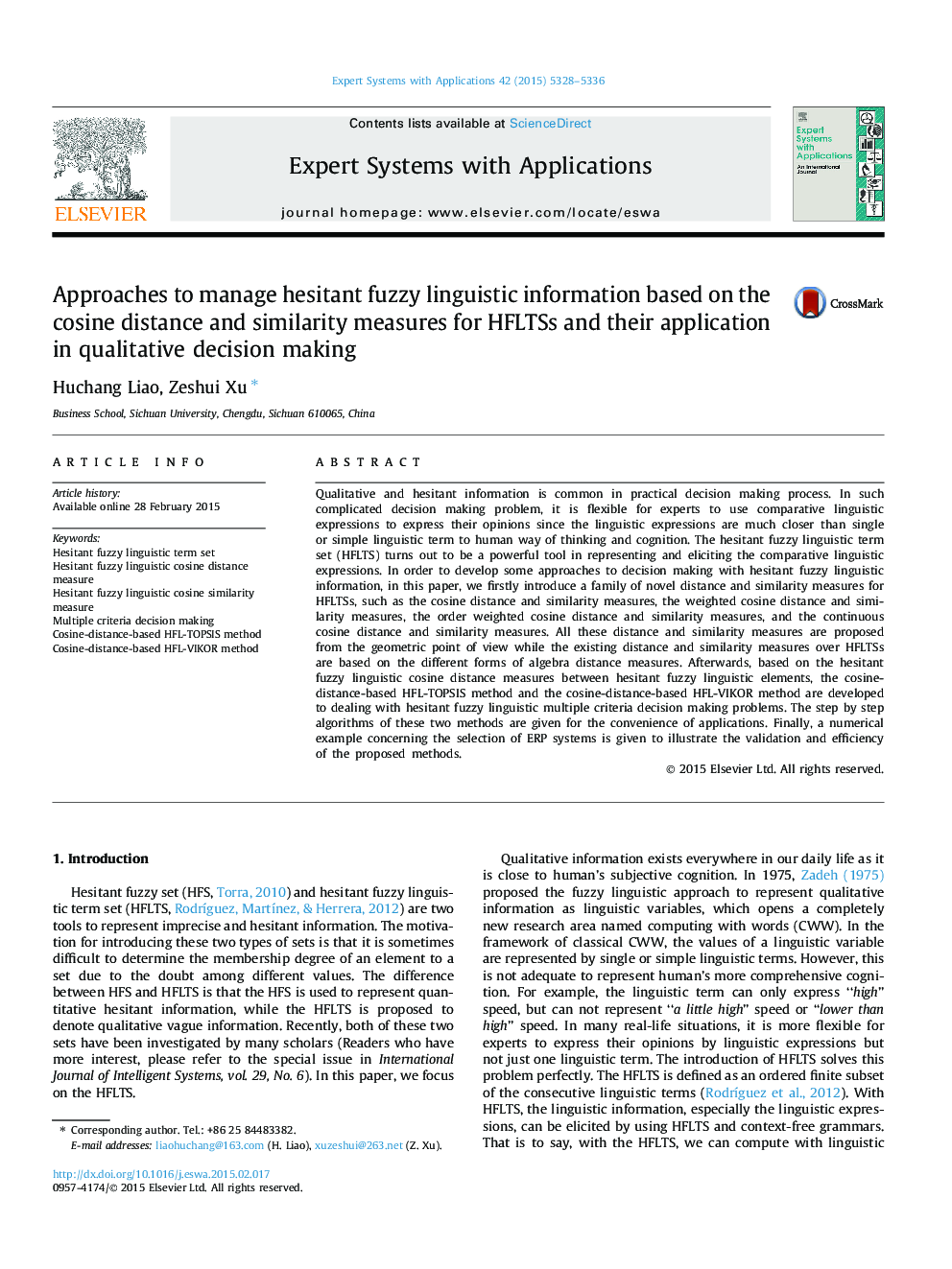 Approaches to manage hesitant fuzzy linguistic information based on the cosine distance and similarity measures for HFLTSs and their application in qualitative decision making