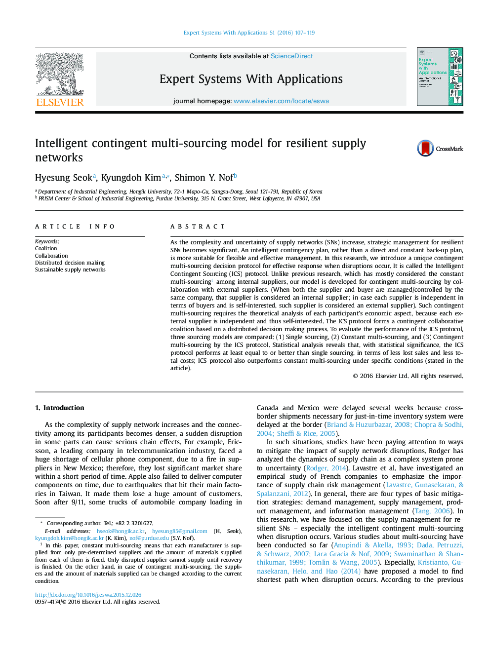 Intelligent contingent multi-sourcing model for resilient supply networks