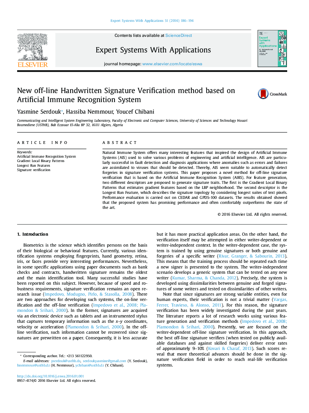 New off-line Handwritten Signature Verification method based on Artificial Immune Recognition System