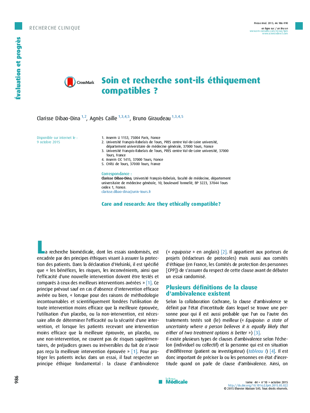Soin et recherche sont-ils éthiquement compatiblesÂ ?