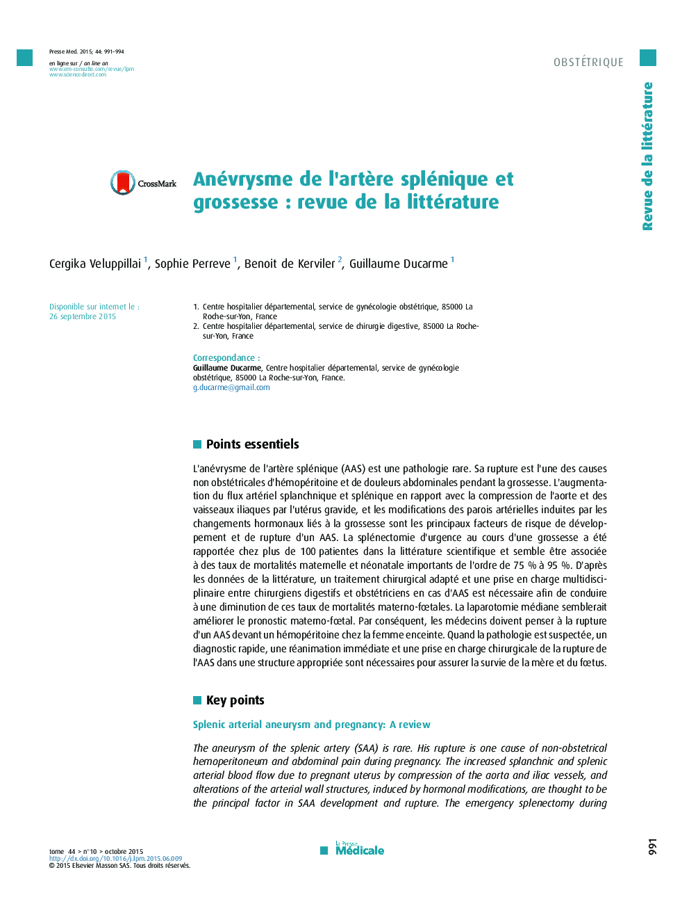 Anévrysme de l’artère splénique et grossesse : revue de la littérature