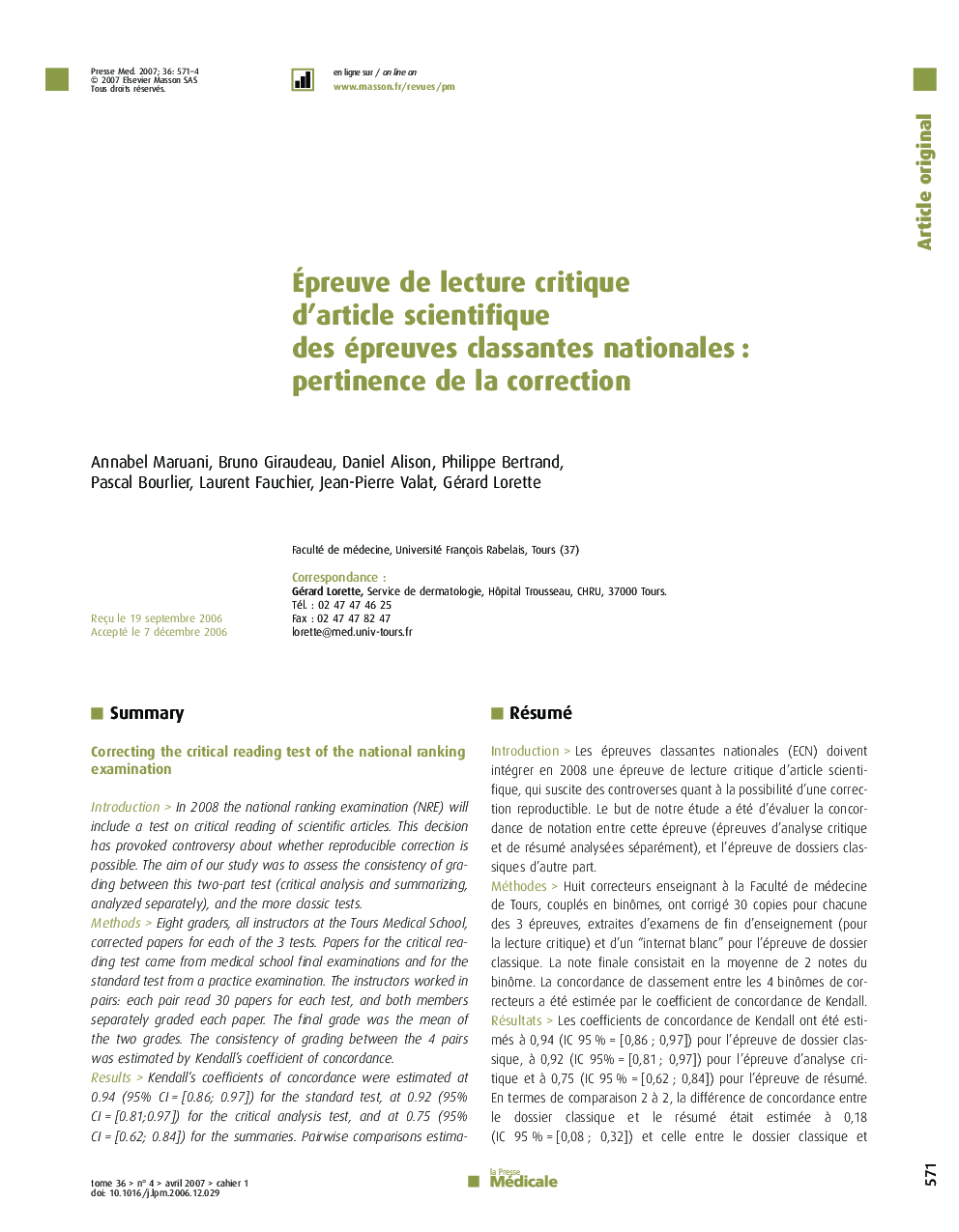 Épreuve de lecture critique d'article scientifique des épreuves classantes nationales : pertinence de la correction