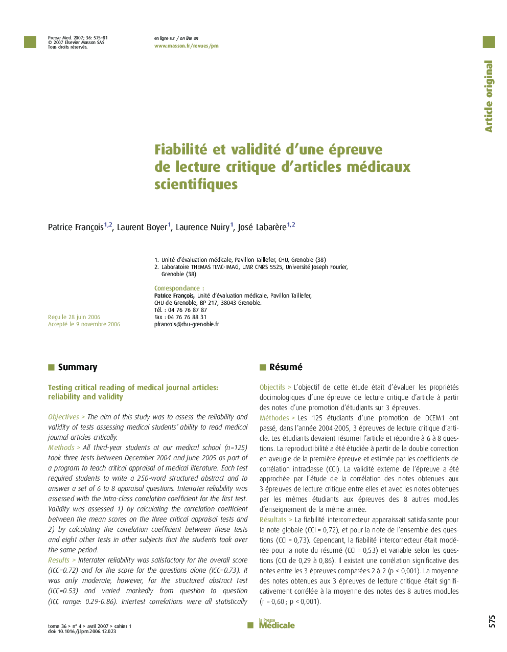 Fiabilité et validité d'une épreuve de lecture critique d'articles médicaux scientifiques