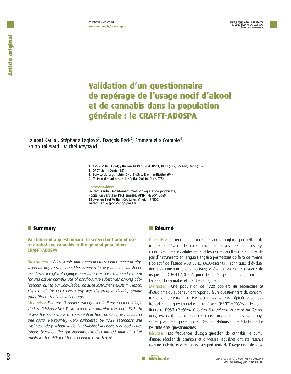 Validation d'un questionnaire de repérage de l'usage nocif d'alcool et de cannabis dans la population générale : le CRAFFT-ADOSPA