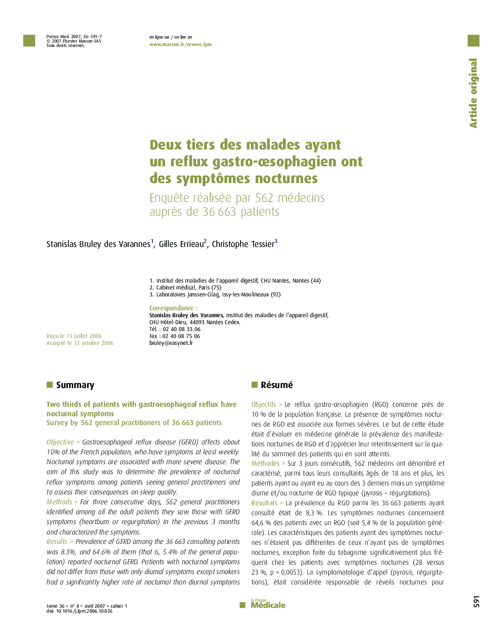 Deux tiers des malades ayant un reflux gastro-œsophagien ont des symptômes nocturnes: Enquête réalisée par 562 médecins auprès de 36 663 patients