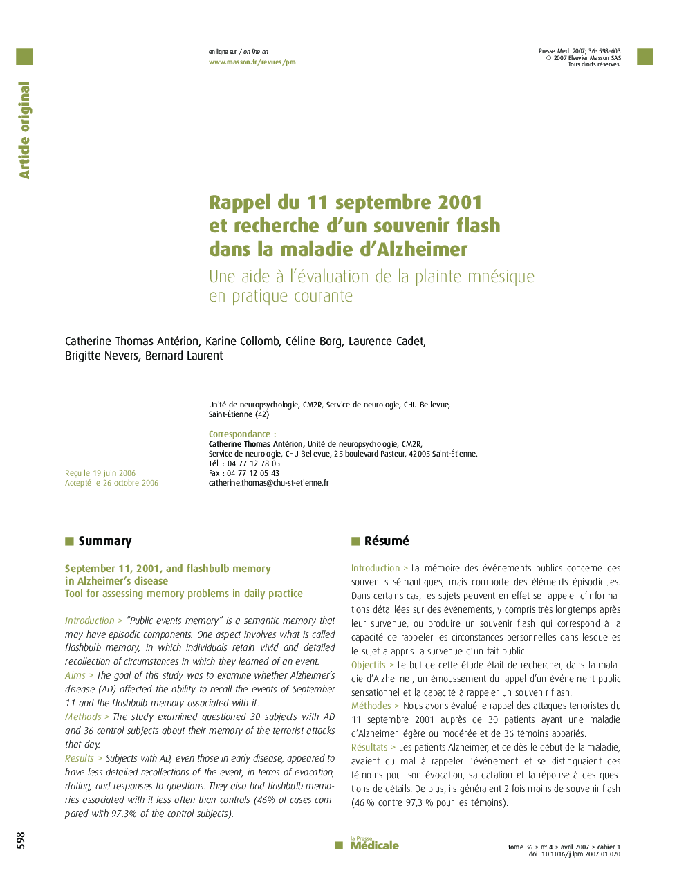 Rappel du 11 septembre 2001 et recherche d'un souvenir flash dans la maladie d'Alzheimer: Une aide à l'évaluation de la plainte mnésique en pratique courante