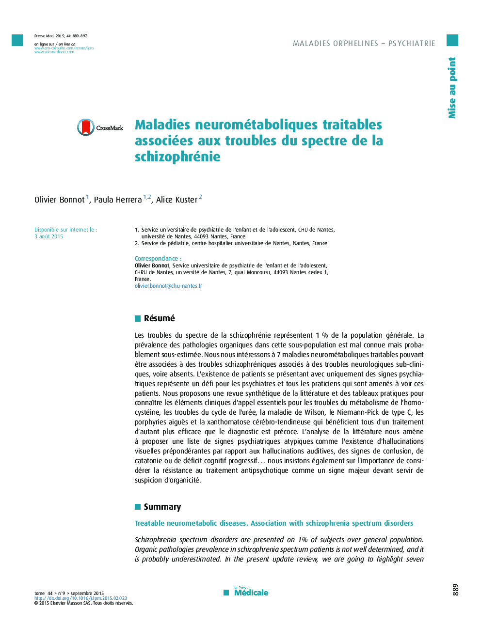 Maladies neurométaboliques traitables associées aux troubles du spectre de la schizophrénie