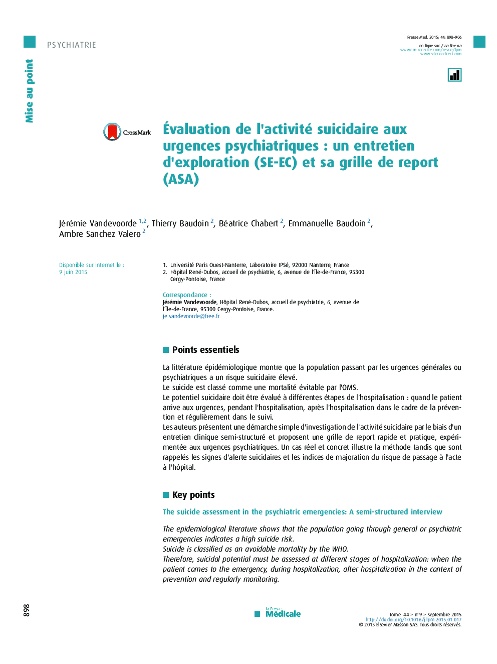 Évaluation de l’activité suicidaire aux urgences psychiatriques : un entretien d’exploration (SE-EC) et sa grille de report (ASA)