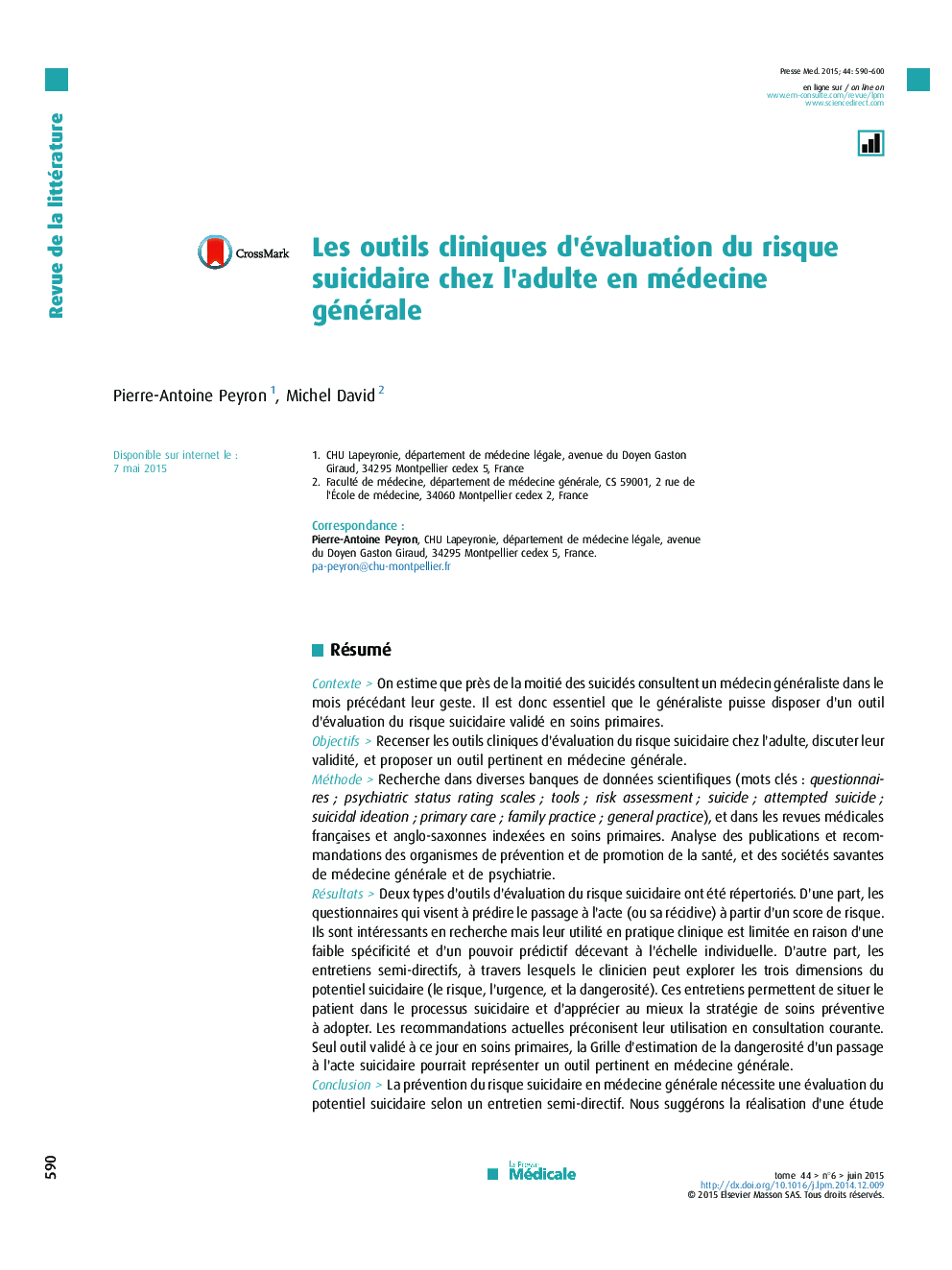 Les outils cliniques d’évaluation du risque suicidaire chez l’adulte en médecine générale