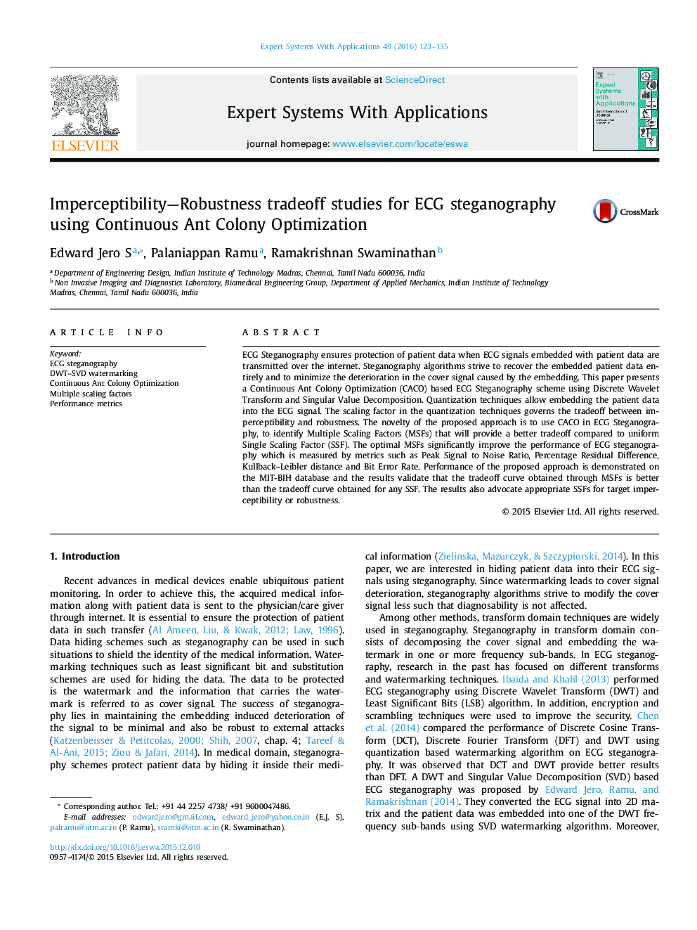 Imperceptibility—Robustness tradeoff studies for ECG steganography using Continuous Ant Colony Optimization