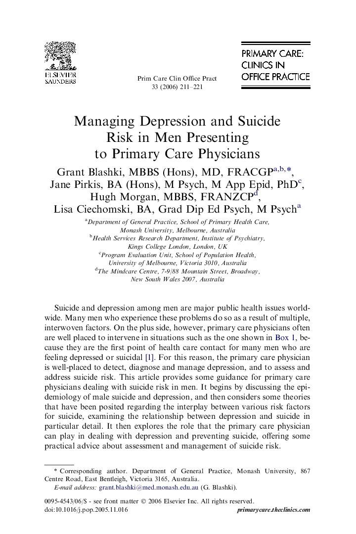 Managing Depression and Suicide Risk in Men Presenting to Primary Care Physicians