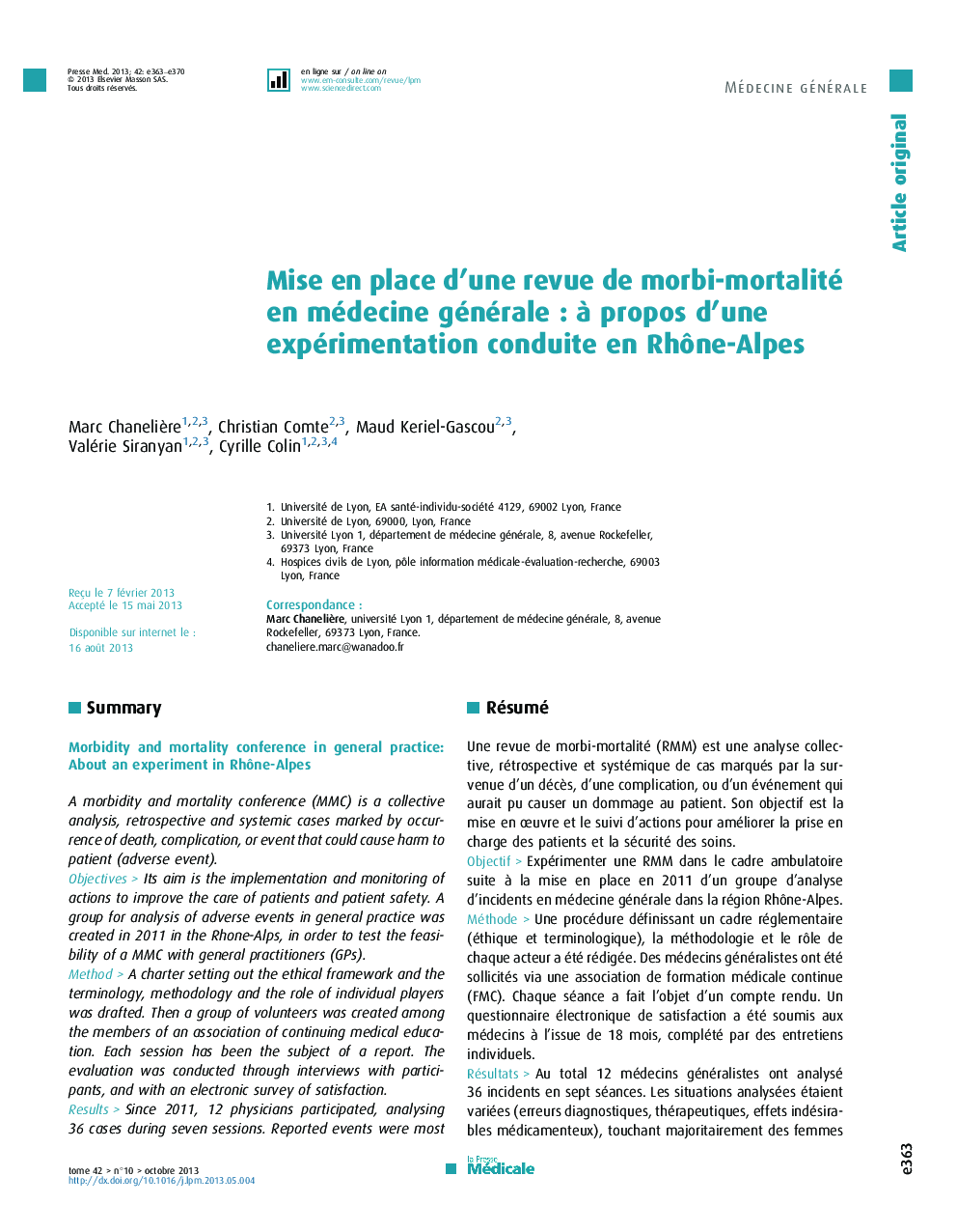 Mise en place d’une revue de morbi-mortalité en médecine générale : à propos d’une expérimentation conduite en Rhône-Alpes