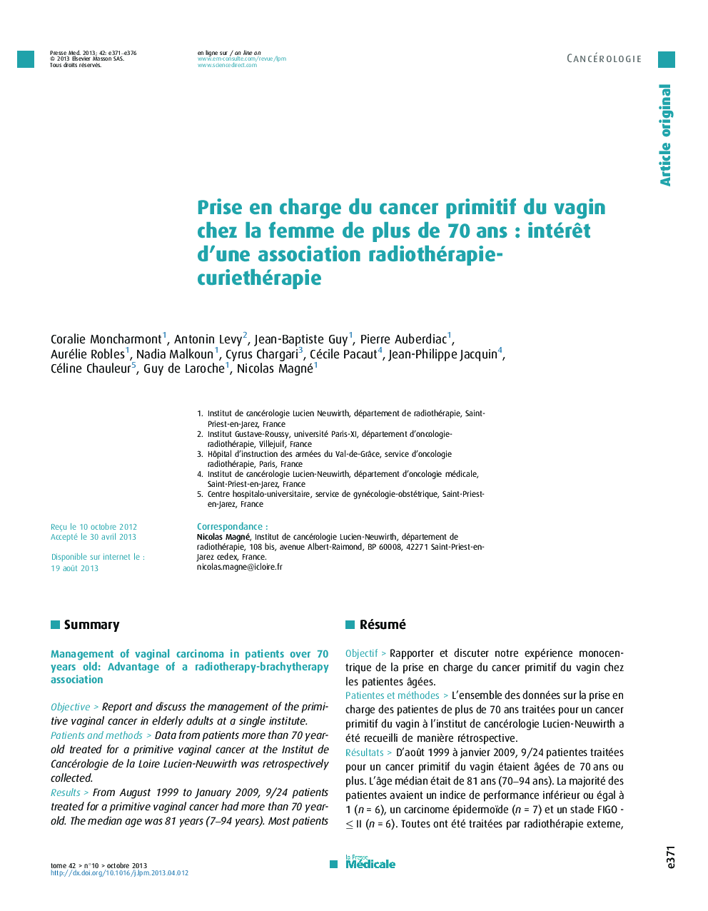 Prise en charge du cancer primitif du vagin chez la femme de plus de 70 ans : intérêt d’une association radiothérapie-curiethérapie