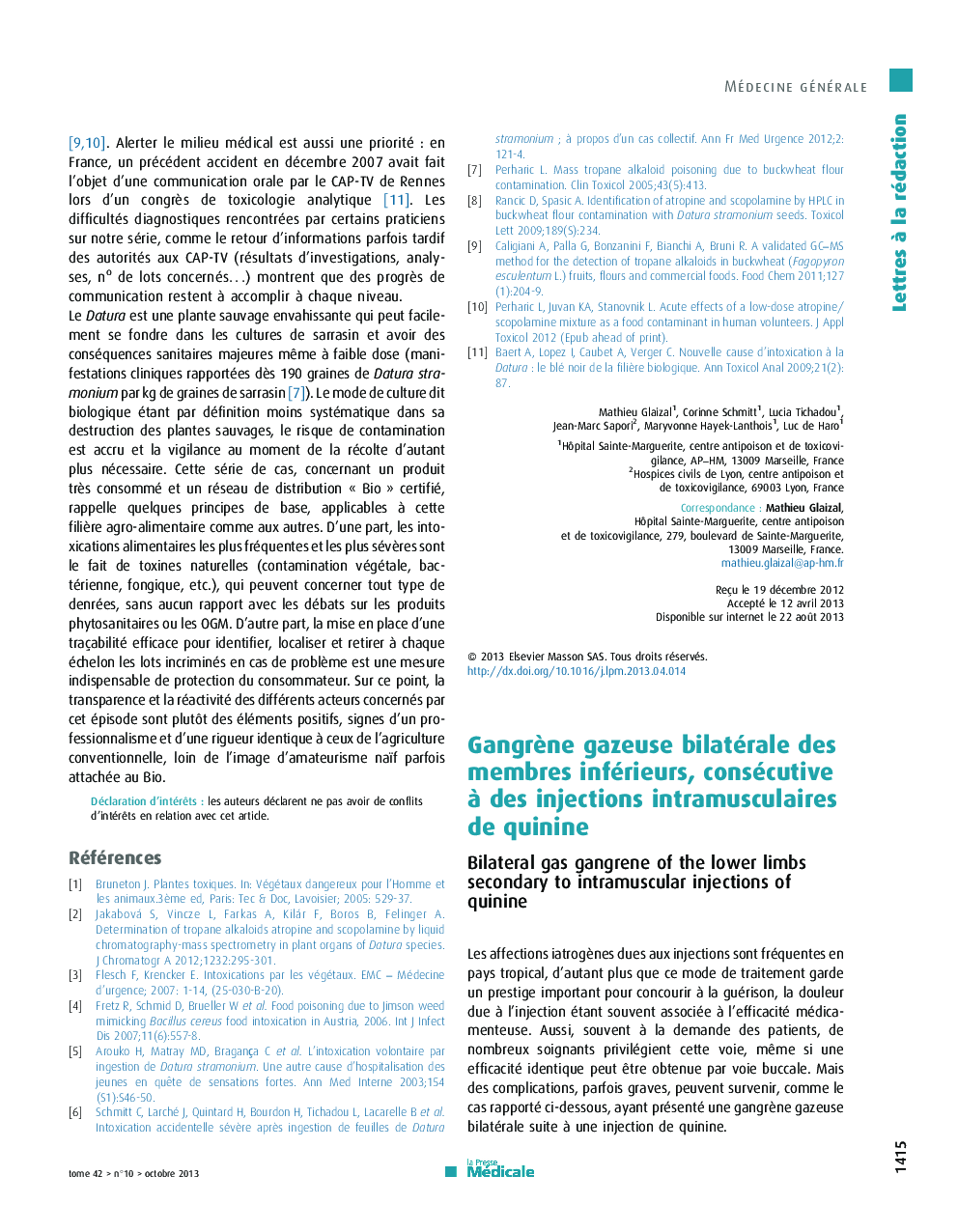 GangrÃ¨ne gazeuse bilatérale des membres inférieurs, consécutive Ã  des injections intramusculaires de quinine