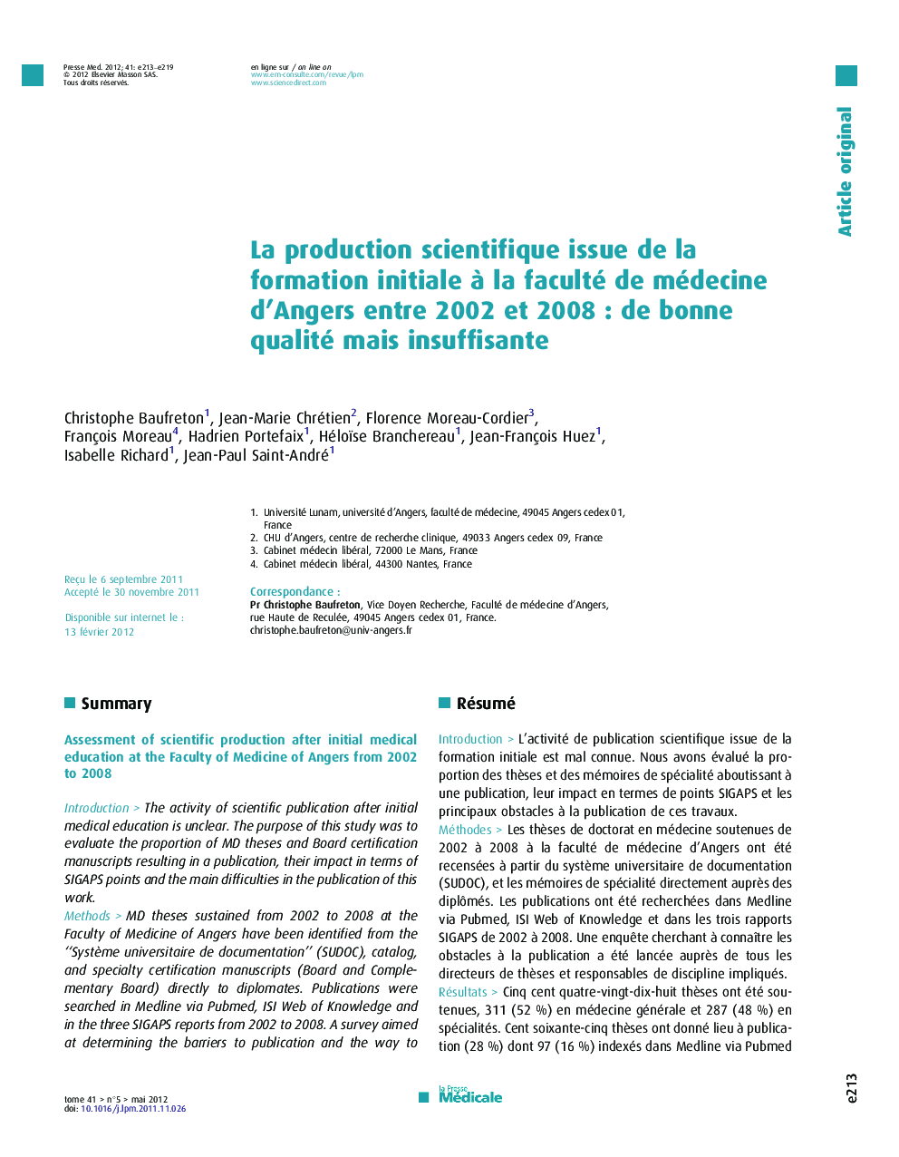La production scientifique issue de la formation initiale à la faculté de médecine d’Angers entre 2002 et 2008 : de bonne qualité mais insuffisante