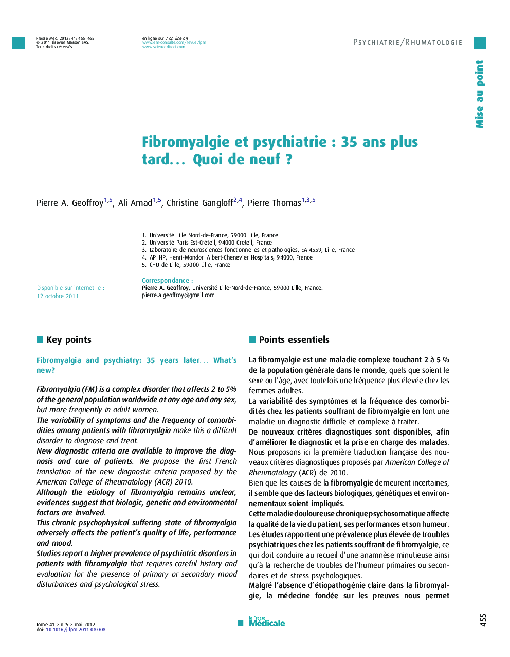 Fibromyalgie et psychiatrie : 35 ans plus tard… Quoi de neuf ?