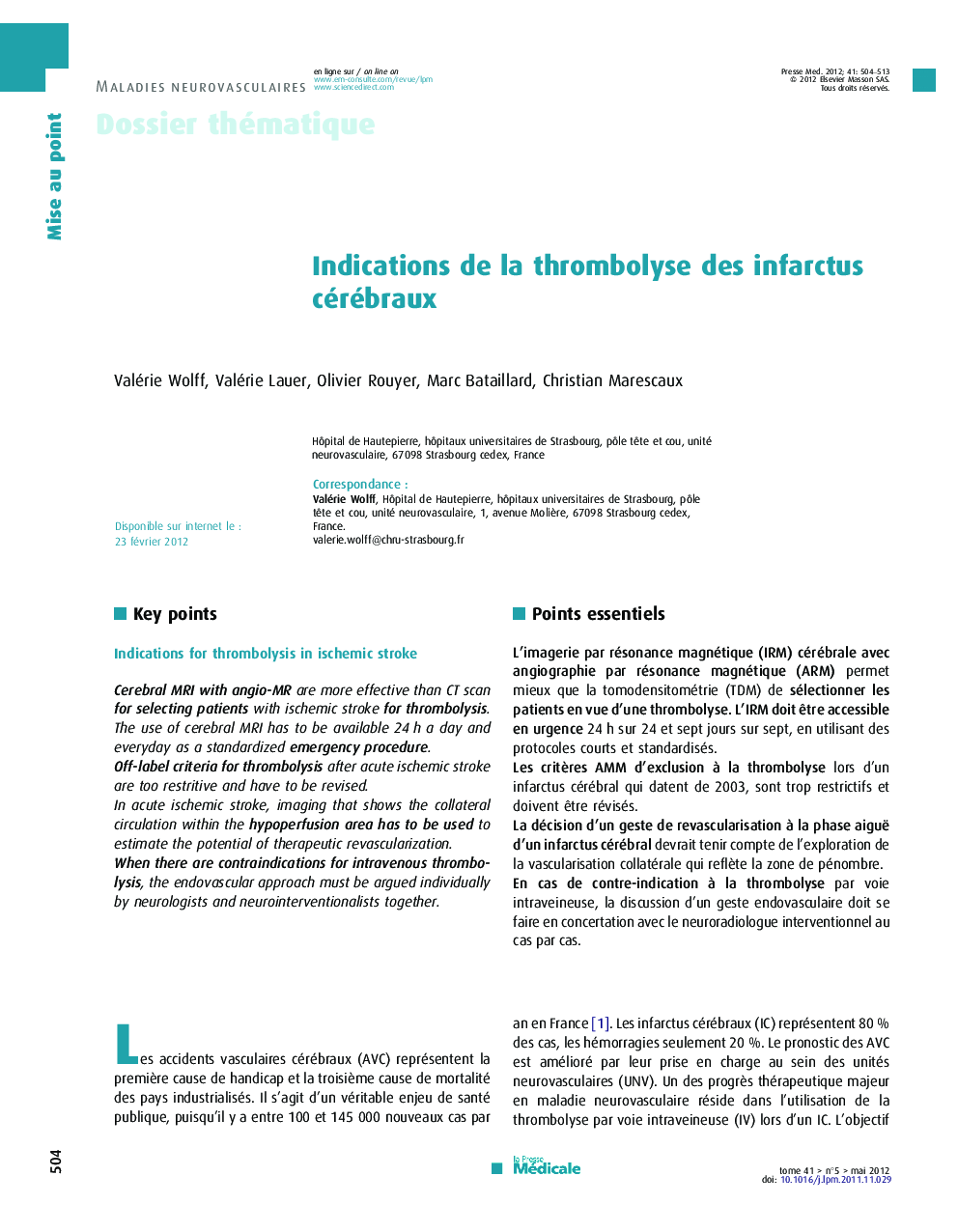 Indications de la thrombolyse des infarctus cérébraux