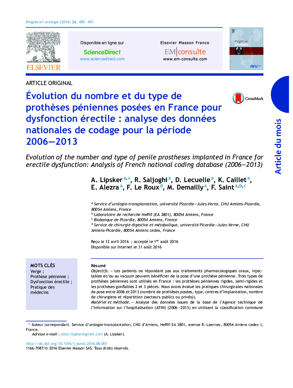 Évolution du nombre et du type de prothèses péniennes posées en France pour dysfonction érectile : analyse des données nationales de codage pour la période 2006–2013
