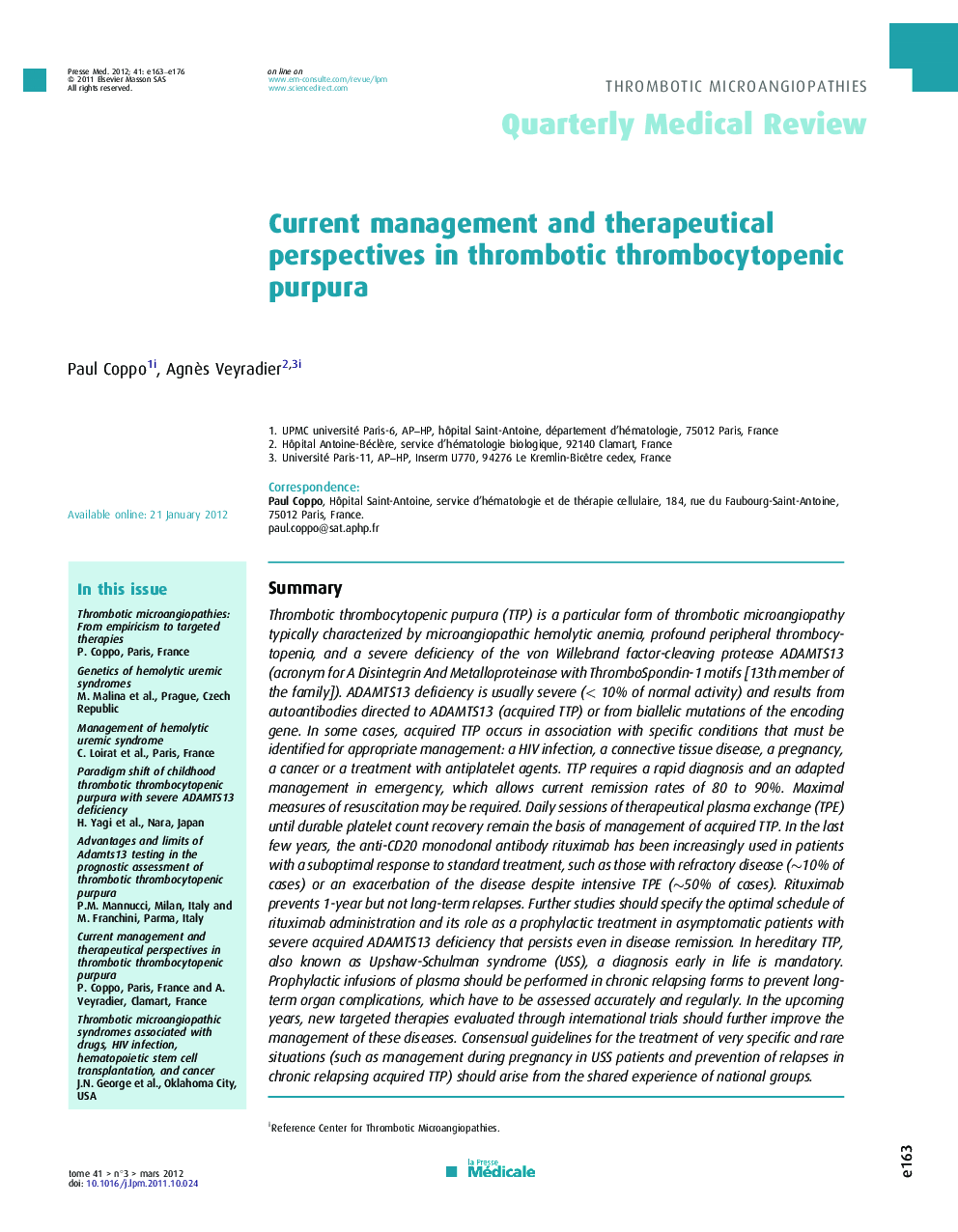 Current management and therapeutical perspectives in thrombotic thrombocytopenic purpura