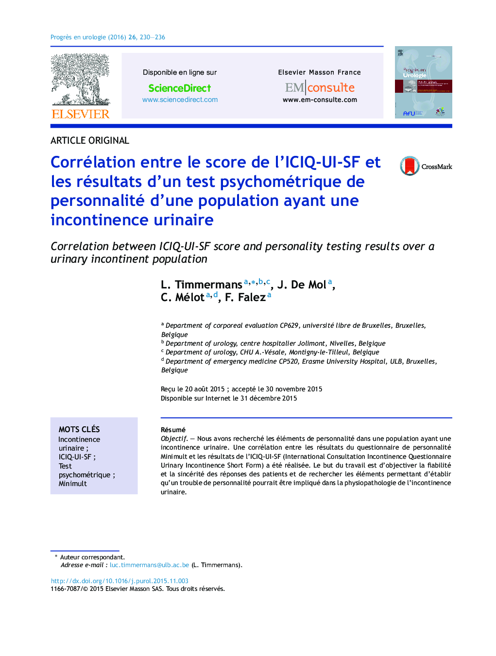 Corrélation entre le score de l'ICIQ-UI-SF et les résultats d'un test psychométrique de personnalité d'une population ayant une incontinence urinaire