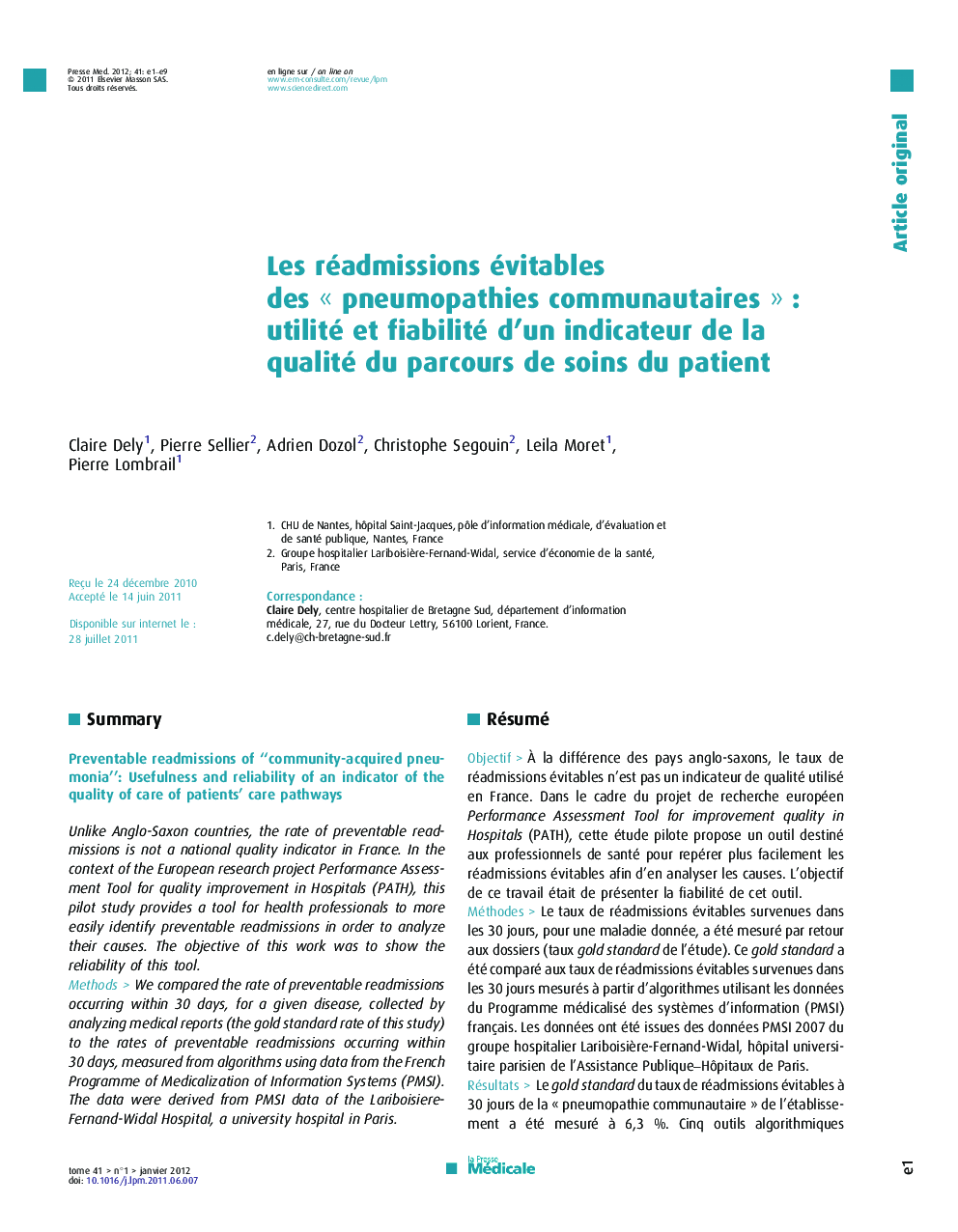 Les réadmissions évitables des « pneumopathies communautaires » : utilité et fiabilité d’un indicateur de la qualité du parcours de soins du patient