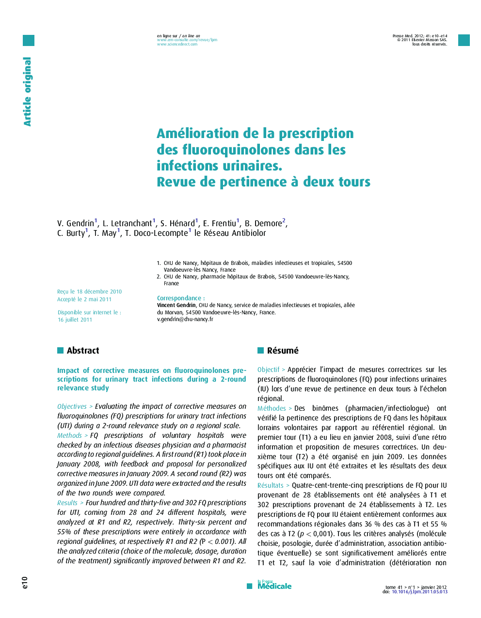 Amélioration de la prescription des fluoroquinolones dans les infections urinaires. Revue de pertinence à deux tours