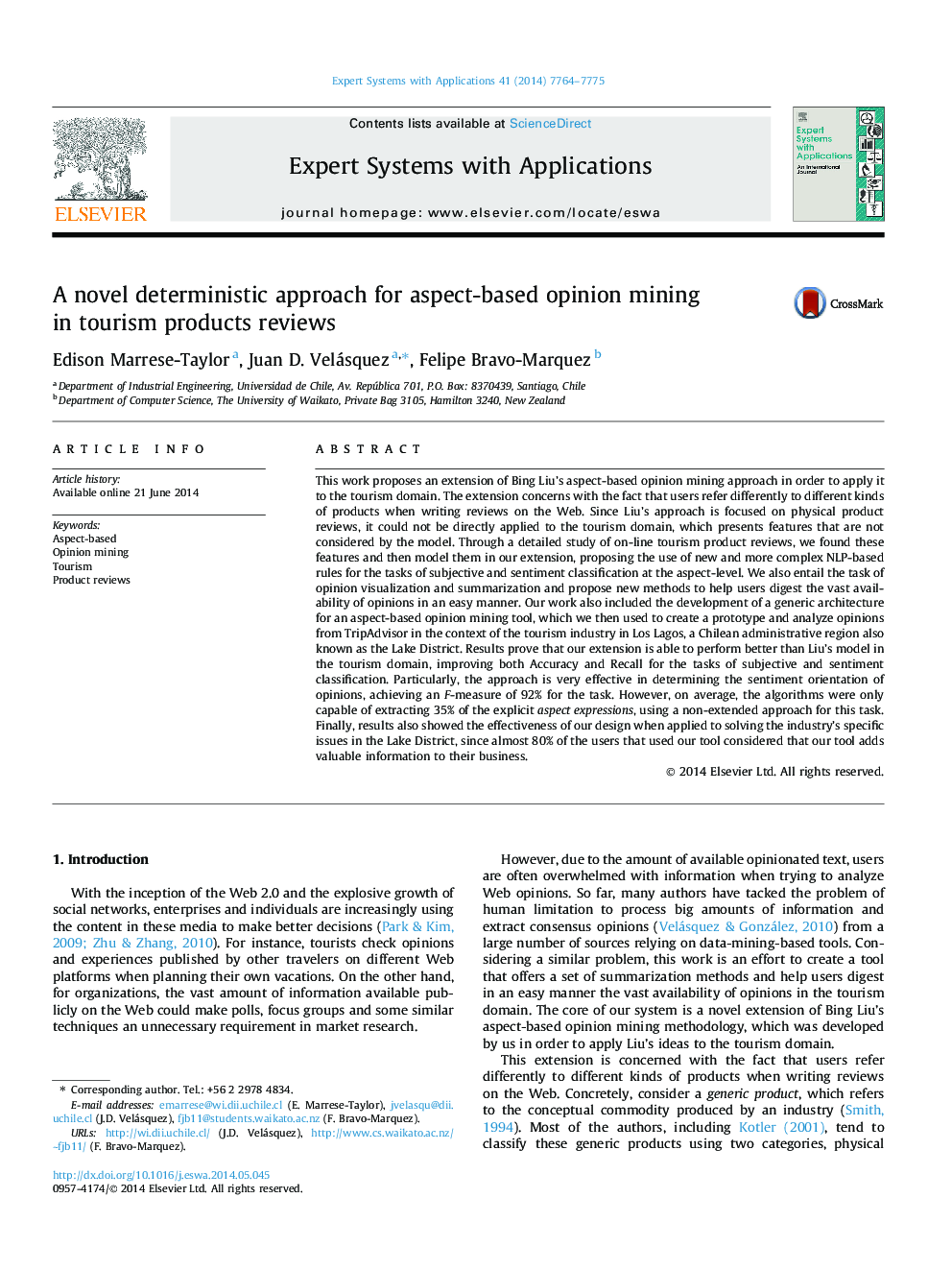 A novel deterministic approach for aspect-based opinion mining in tourism products reviews