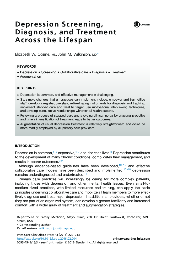 Depression Screening, Diagnosis, and Treatment Across the Lifespan