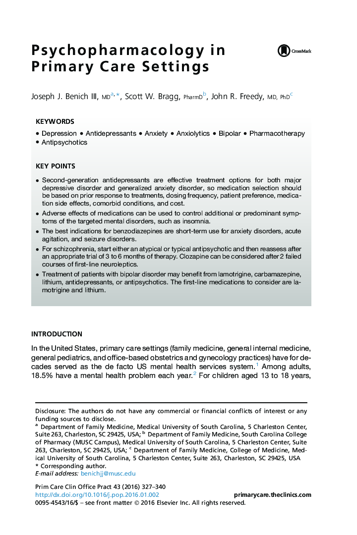 Psychopharmacology in Primary Care Settings