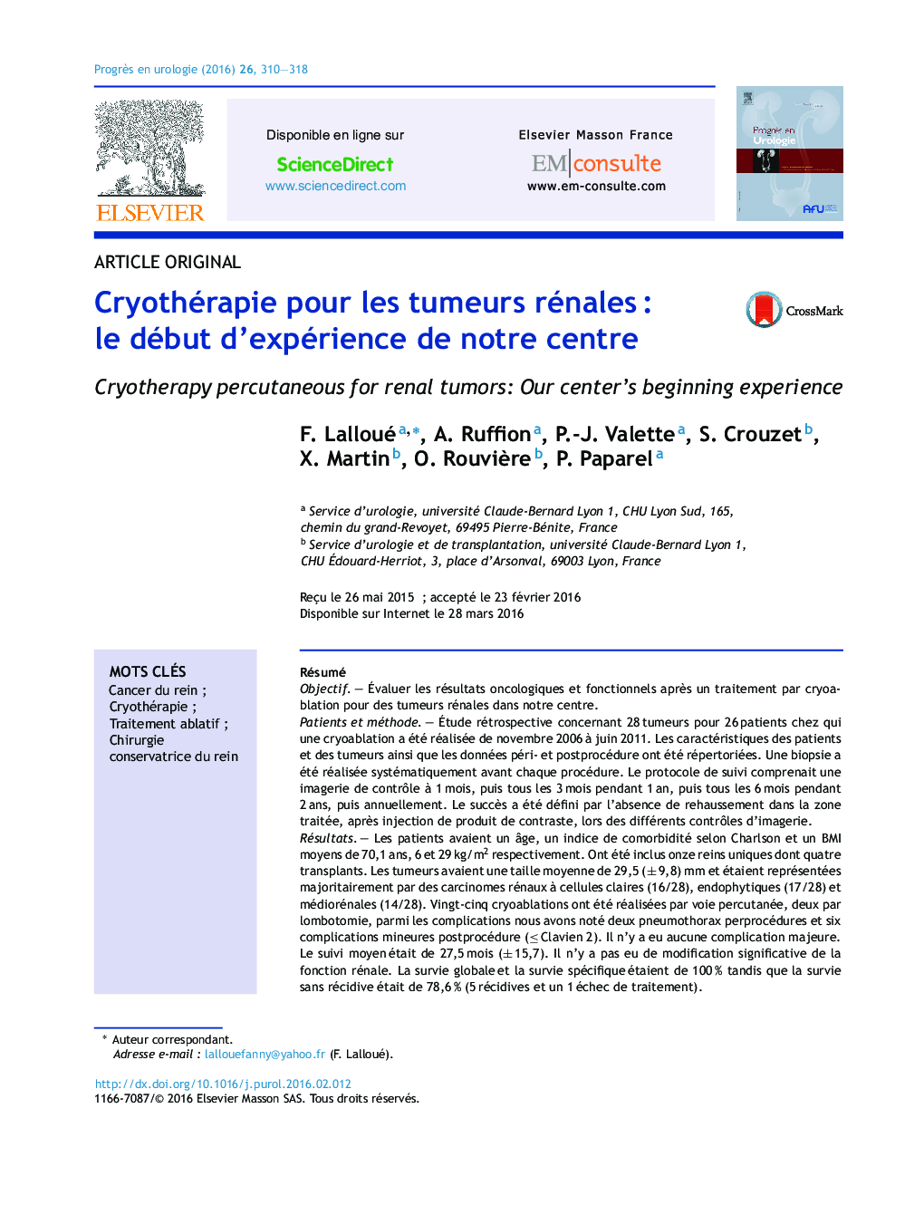 Cryothérapie pour les tumeurs rénales : le début d’expérience de notre centre