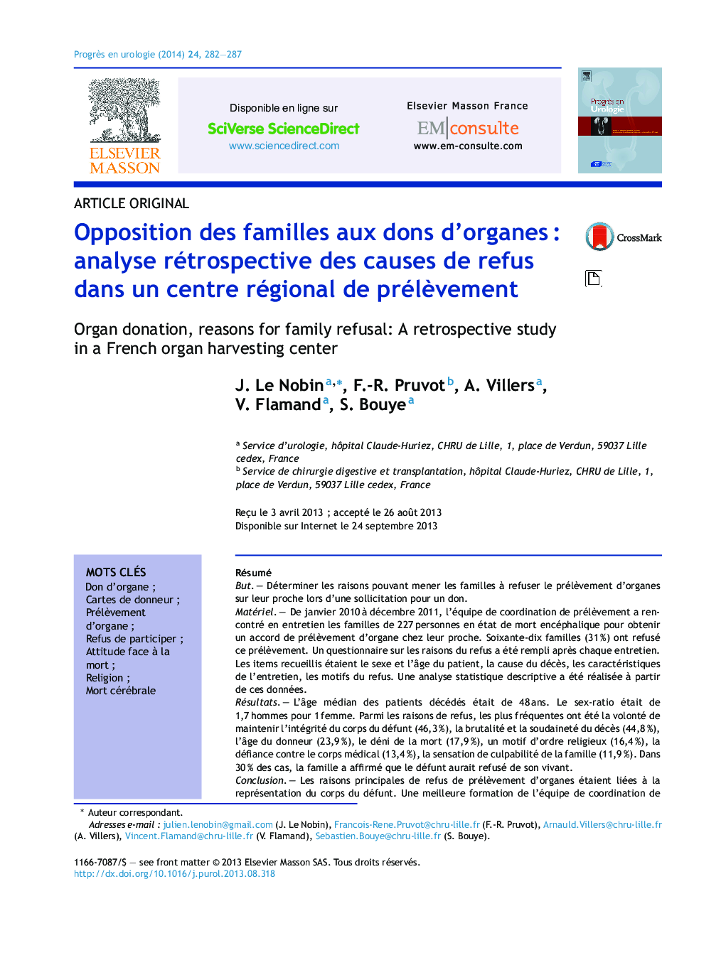 Opposition des familles aux dons d'organesÂ : analyse rétrospective des causes de refus dans un centre régional de prélÃ¨vement