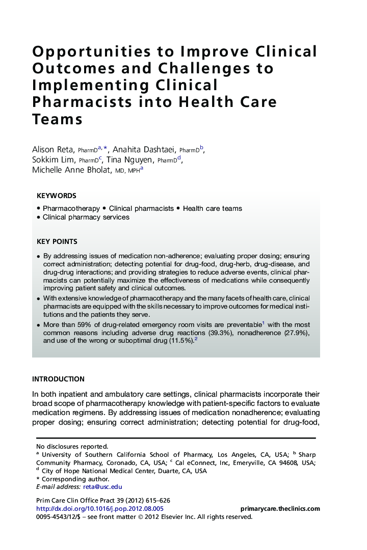 Opportunities to Improve Clinical Outcomes and Challenges to Implementing Clinical Pharmacists into Health Care Teams