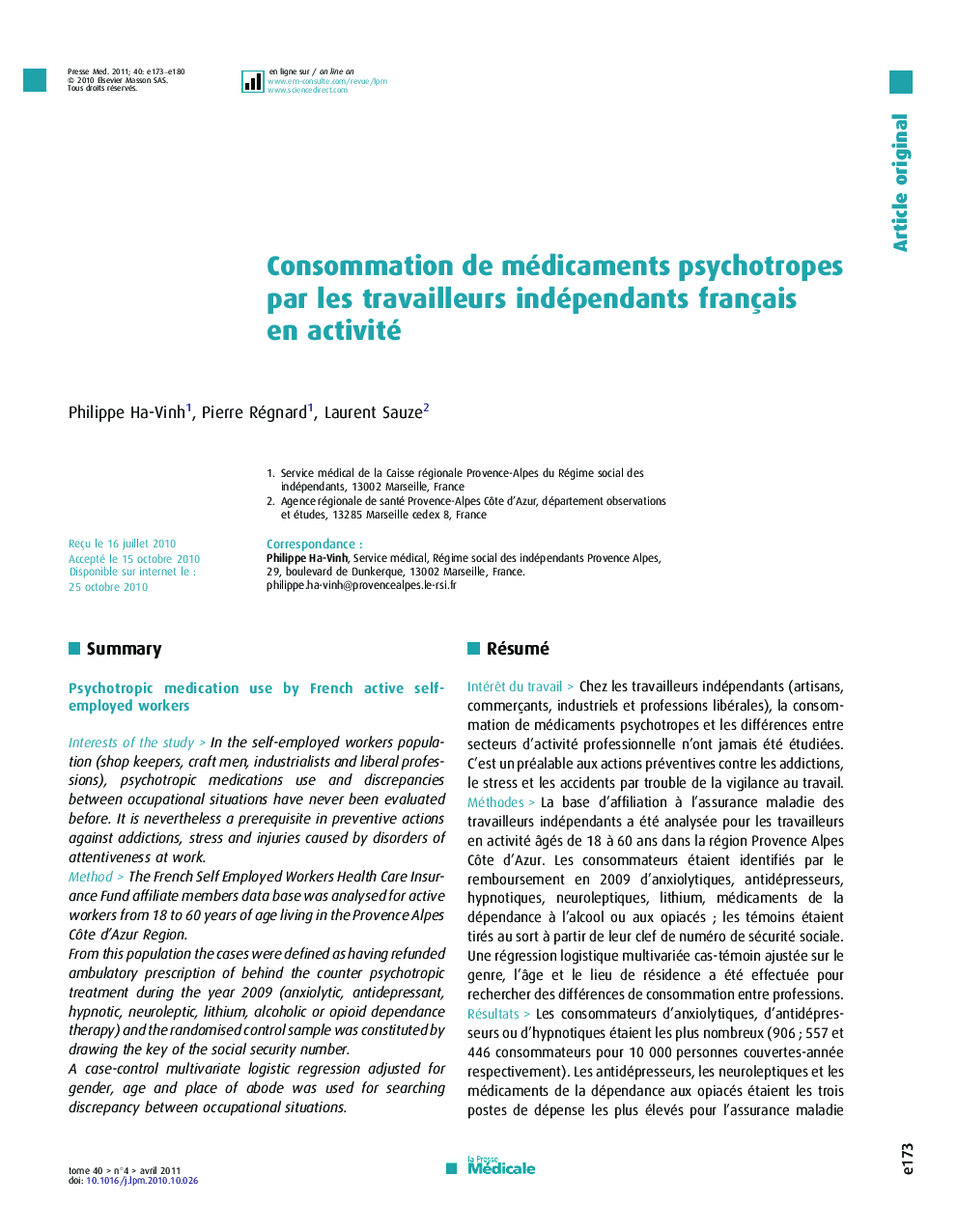 عکس صفحه اول مقاله: Consommation de médicaments psychotropes par les travailleurs indépendants français en activité Consommation de médicaments psychotropes par les travailleurs indépendants français en activité